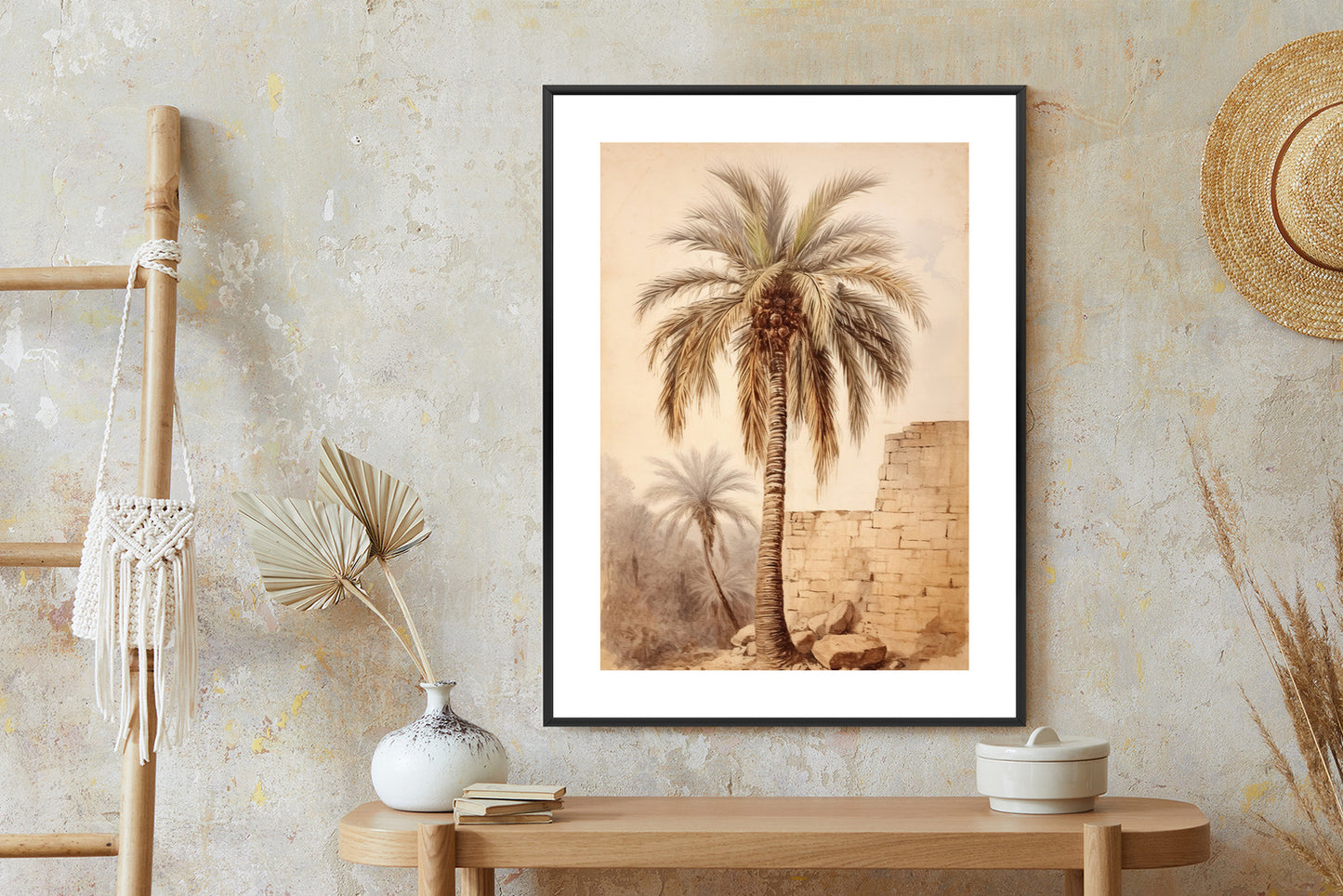 Poster Illustration Einer Palme In Der Nähe Einer Alten Mauer Rahmen Holz Mit Passepartout Farbe Natürlich