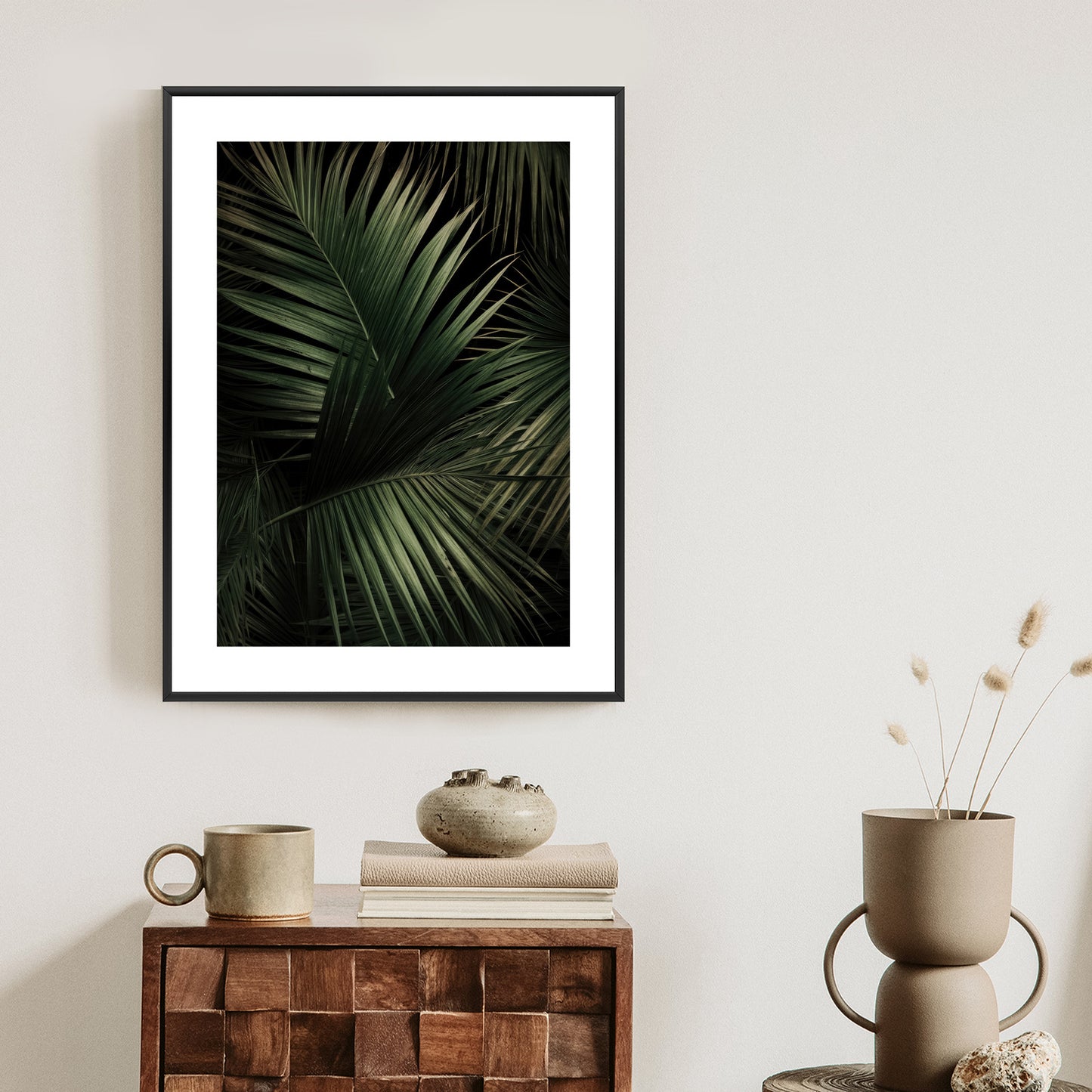 Poster Dunkle Große Palmblätter Rahmen Holz Mit Passepartout Farbe Natürlich