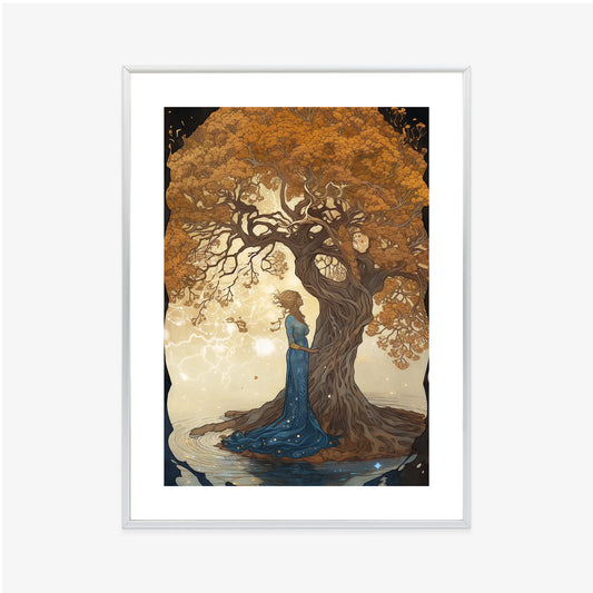 Poster Frau In Der Nähe Eines Verzweigten Baumes Rahmen Holz Mit Passepartout Farbe Natürlich