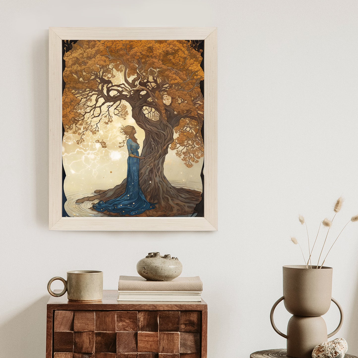 Poster Frau In Der Nähe Eines Verzweigten Baumes Rahmen Holz Mit Passepartout Farbe Natürlich