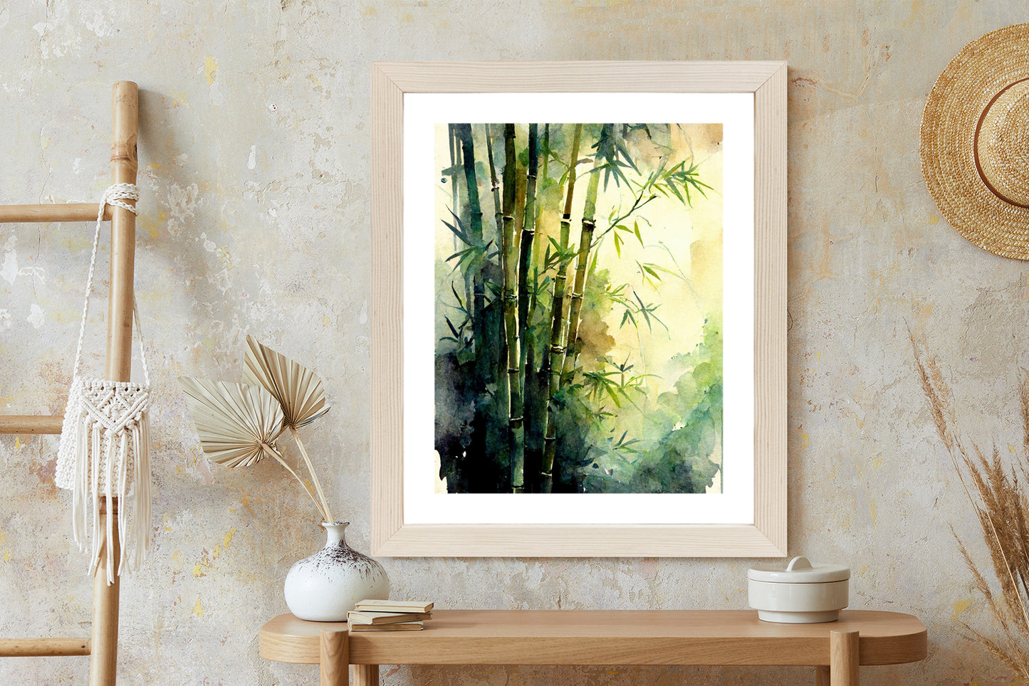 Poster Aquarell Bambuswald Rahmen Holz Mit Passepartout Farbe Natürlich