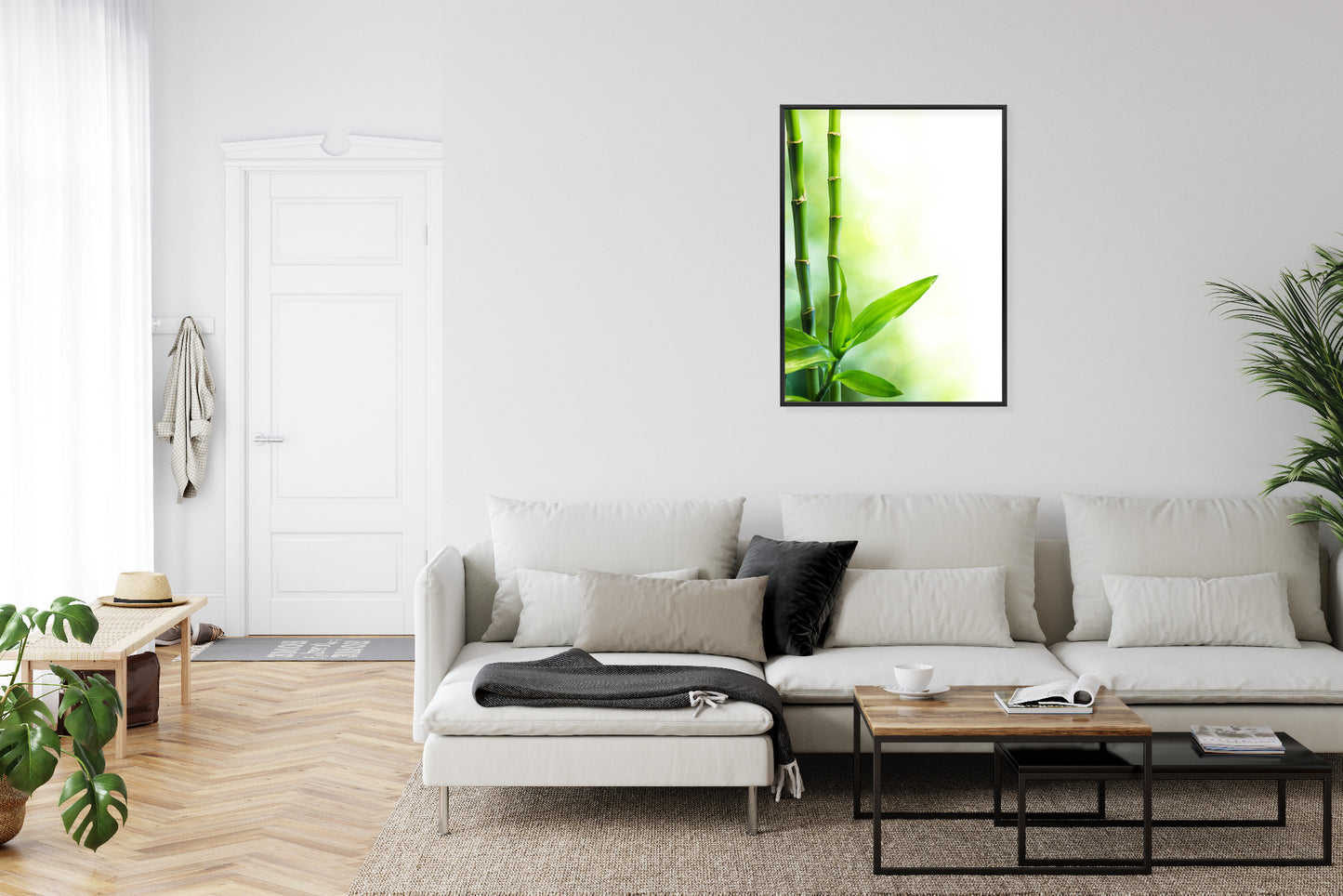 Poster Viele Bambusstiele Und Lichtbalken Rahmen Aluminium Mit Passepartout Farbe Silber