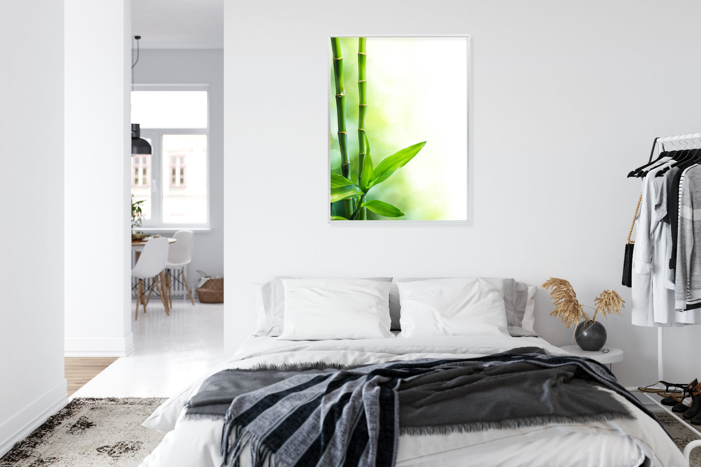 Poster Viele Bambusstiele Und Lichtbalken Rahmen Aluminium Mit Passepartout Farbe Silber