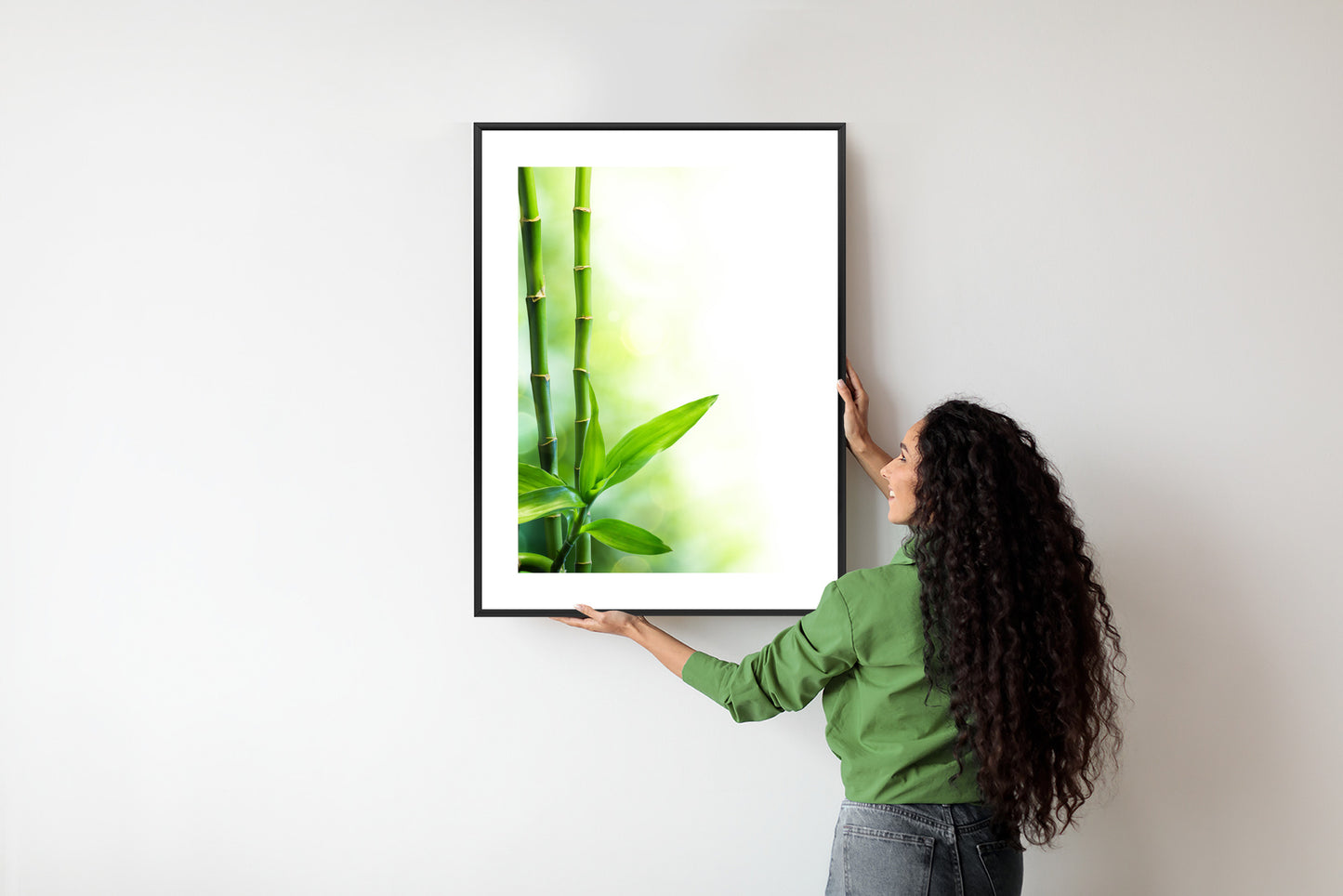 Poster Viele Bambusstiele Und Lichtbalken Rahmen Aluminium Mit Passepartout Farbe Silber