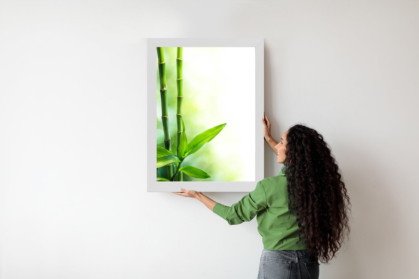 Poster Viele Bambusstiele Und Lichtbalken Rahmen Aluminium Mit Passepartout Farbe Silber