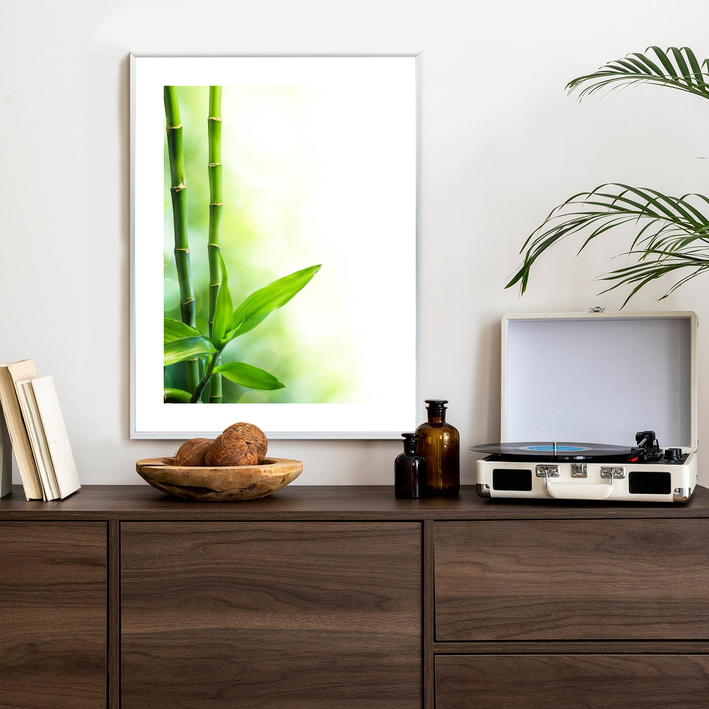 Poster Viele Bambusstiele Und Lichtbalken Rahmen Aluminium Mit Passepartout Farbe Silber