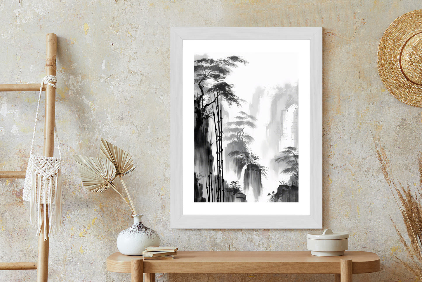 Poster Berglandschaft Mit Wasserfall Und Hohen Bambusbäumen Rahmen Holz Mit Passepartout Farbe Natürlich