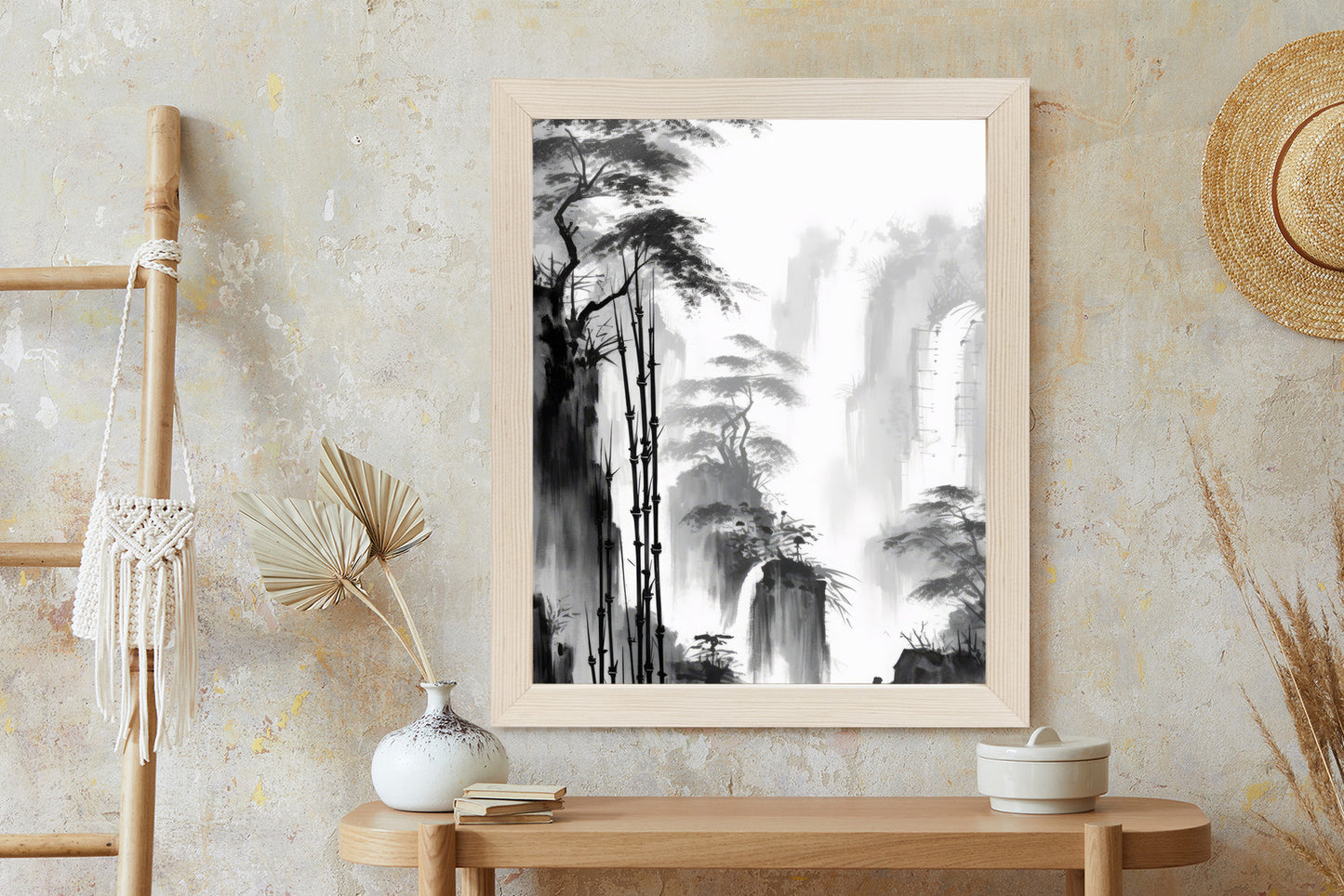 Poster Berglandschaft Mit Wasserfall Und Hohen Bambusbäumen Rahmen Holz Mit Passepartout Farbe Natürlich