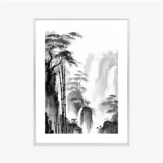 Poster Berglandschaft Mit Wasserfall Und Hohen Bambusbäumen Rahmen Holz Mit Passepartout Farbe Natürlich