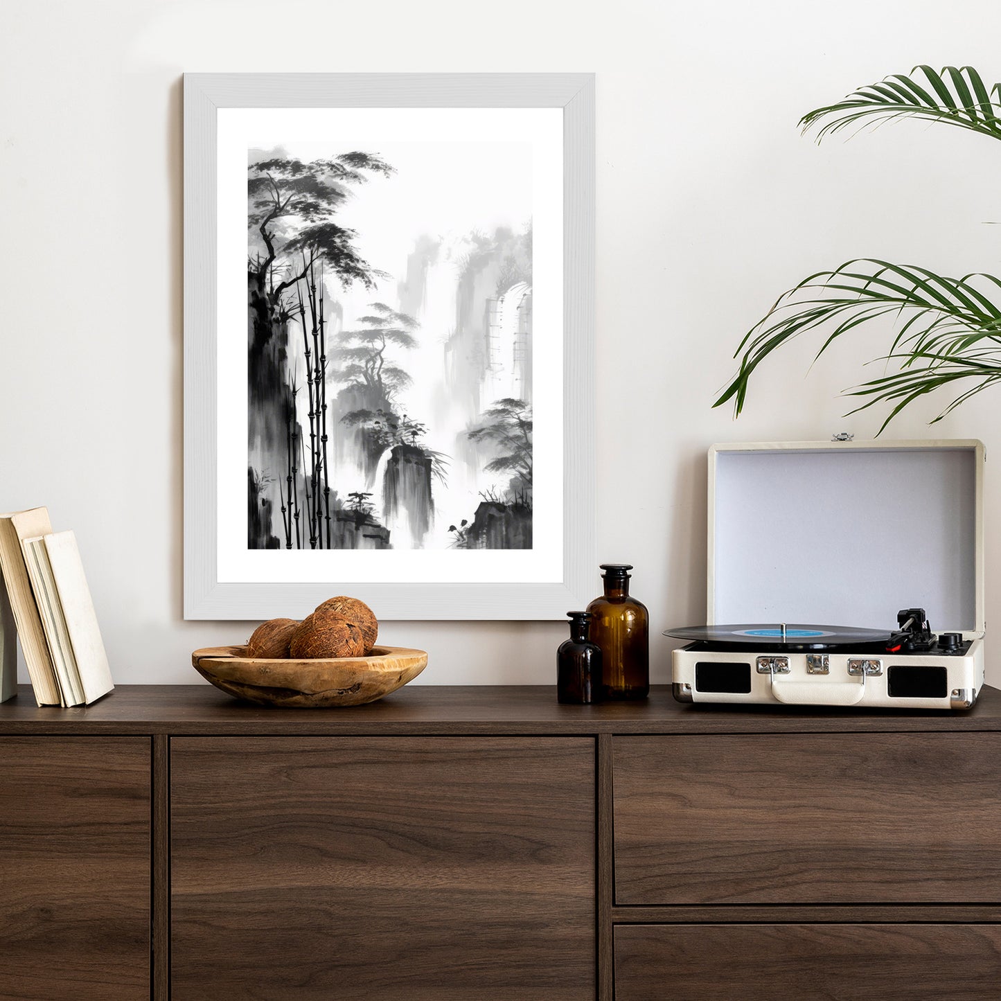 Poster Berglandschaft Mit Wasserfall Und Hohen Bambusbäumen Rahmen Holz Mit Passepartout Farbe Natürlich