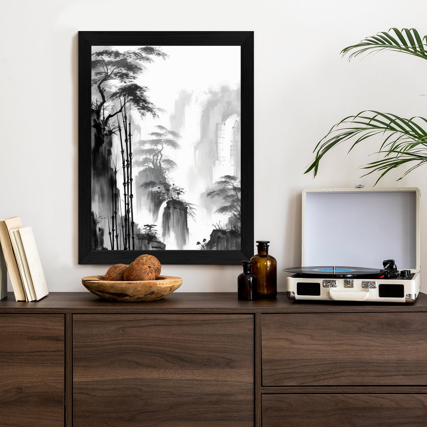 Poster Berglandschaft Mit Wasserfall Und Hohen Bambusbäumen Rahmen Holz Mit Passepartout Farbe Natürlich