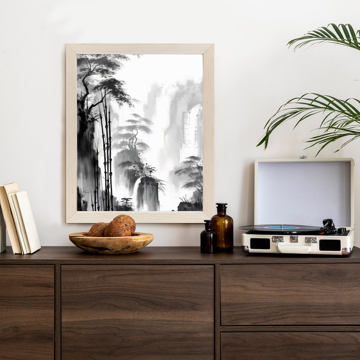 Poster Berglandschaft Mit Wasserfall Und Hohen Bambusbäumen Rahmen Holz Mit Passepartout Farbe Natürlich