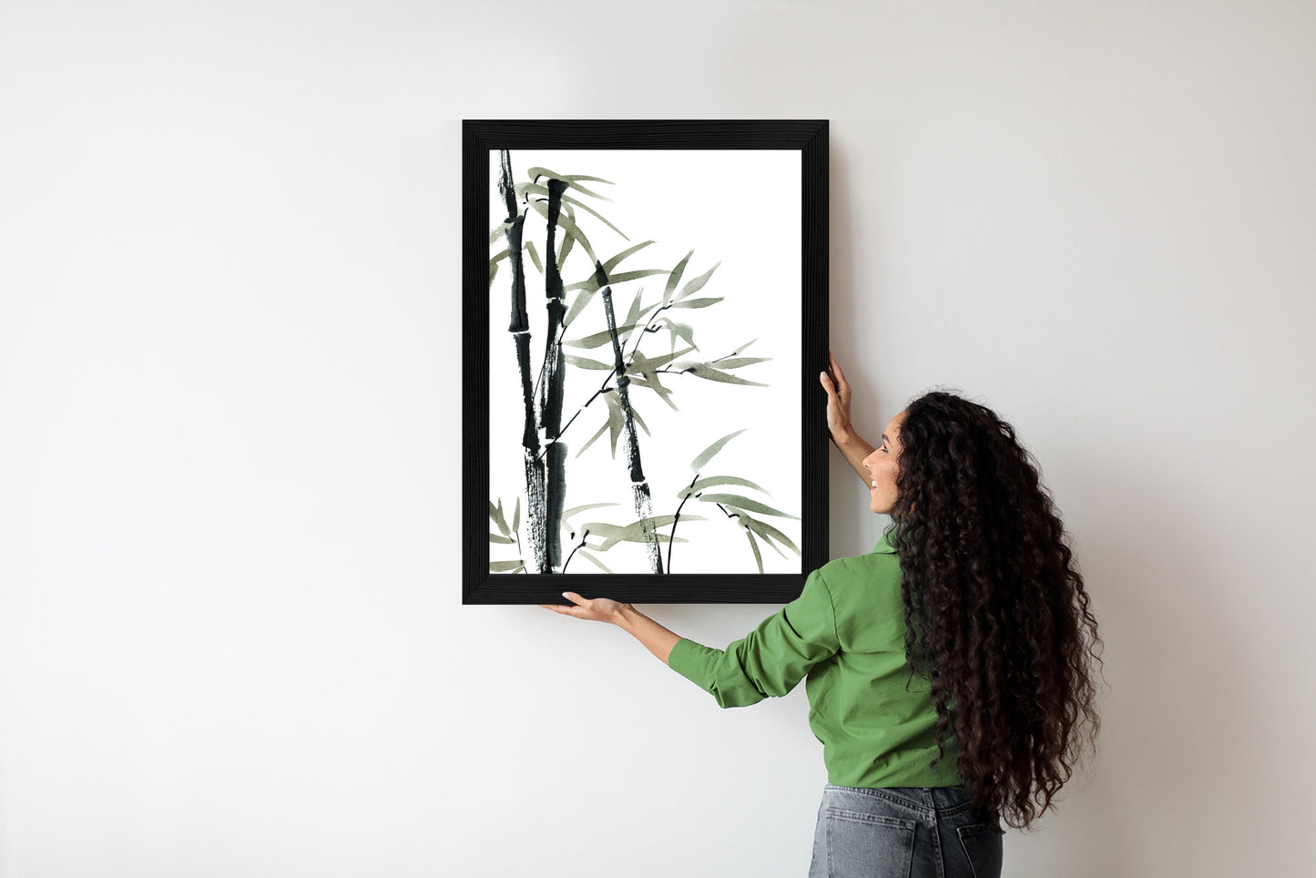 Poster Aquarell Bambus Und Blätter Rahmen Holz Mit Passepartout Farbe Natürlich