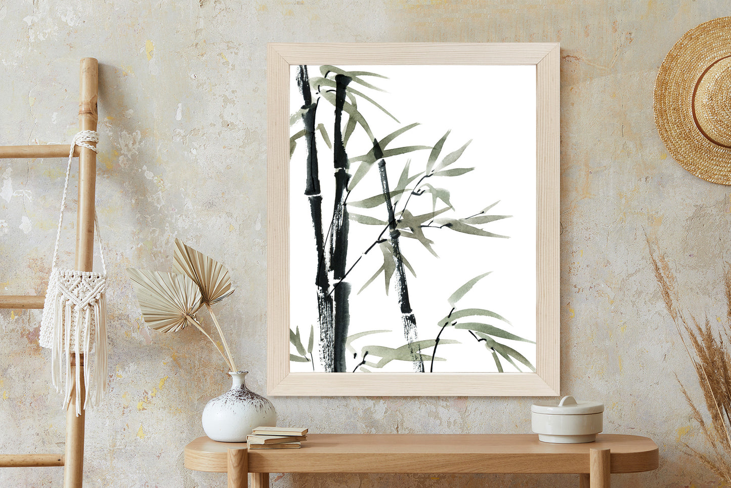 Poster Aquarell Bambus Und Blätter Rahmen Holz Mit Passepartout Farbe Natürlich