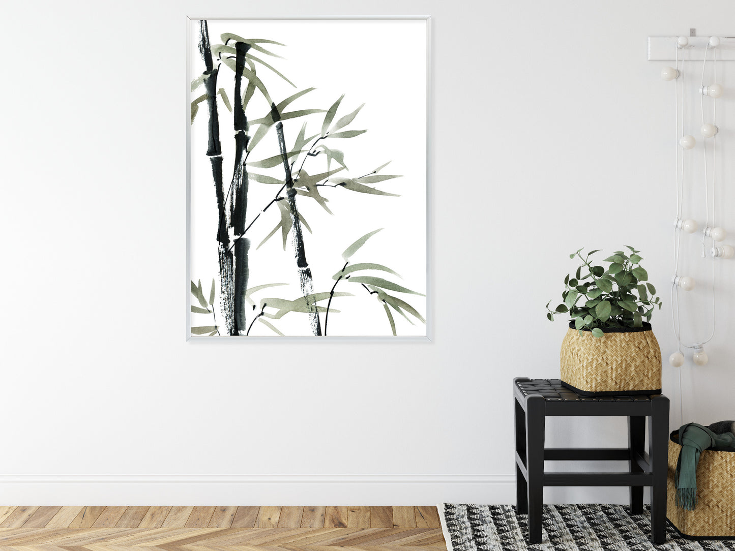 Poster Aquarell Bambus Und Blätter Rahmen Holz Mit Passepartout Farbe Natürlich