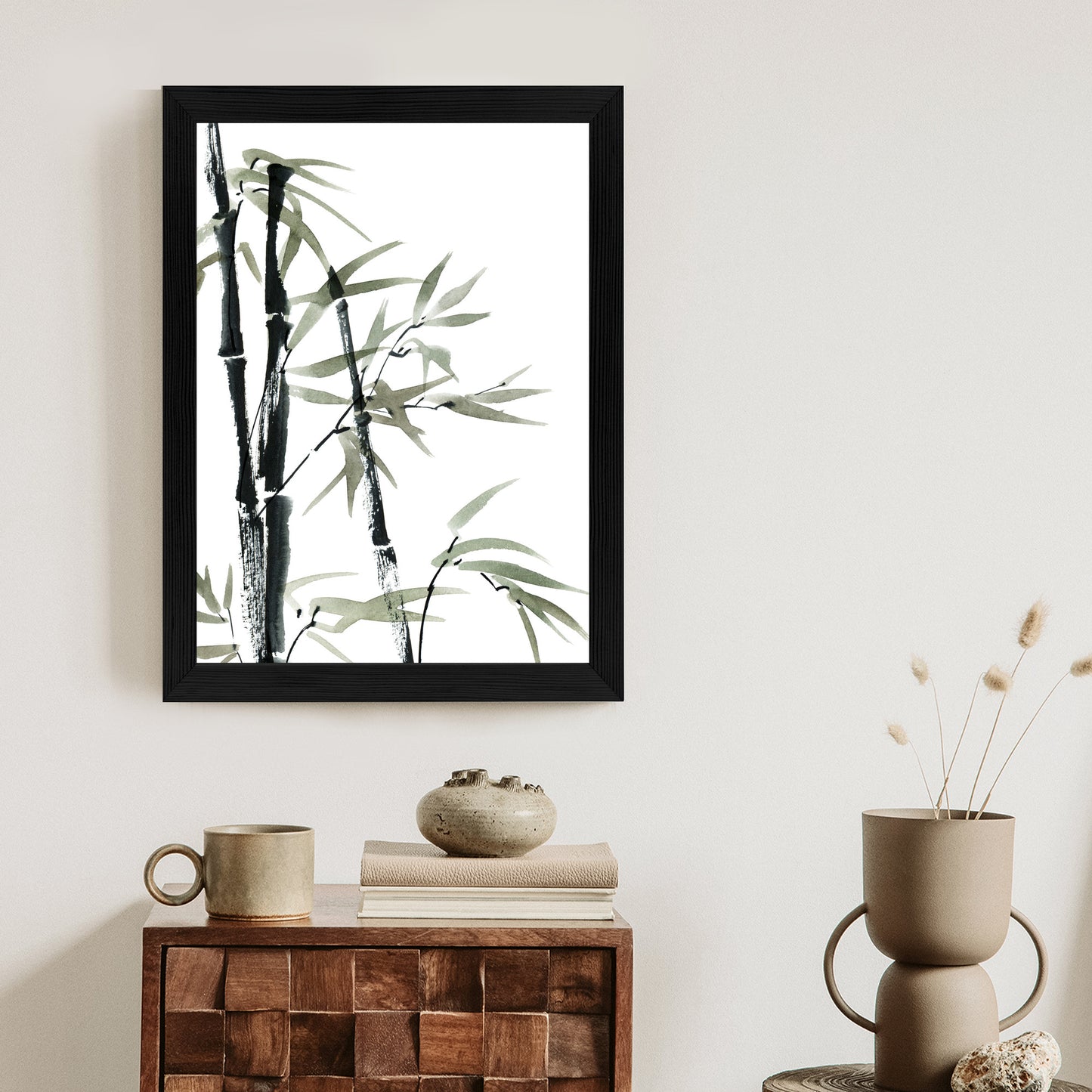 Poster Aquarell Bambus Und Blätter Rahmen Holz Mit Passepartout Farbe Natürlich