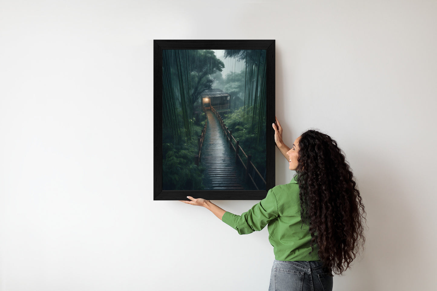 Poster Bambuswald Mit Bambushaus Rahmen Holz Mit Passepartout Farbe Natürlich
