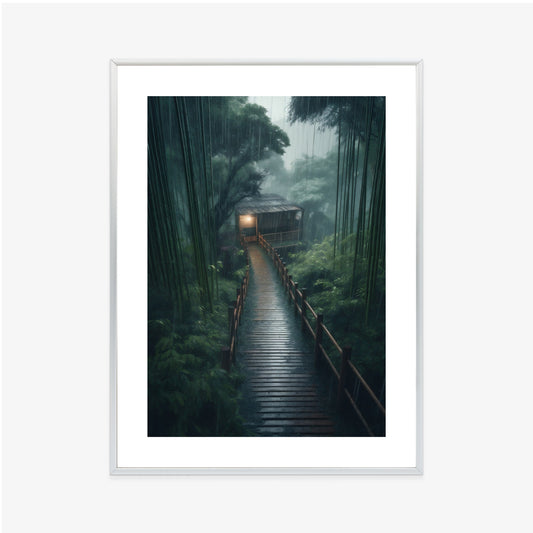 Poster Bambuswald Mit Bambushaus Rahmen Holz Mit Passepartout Farbe Natürlich