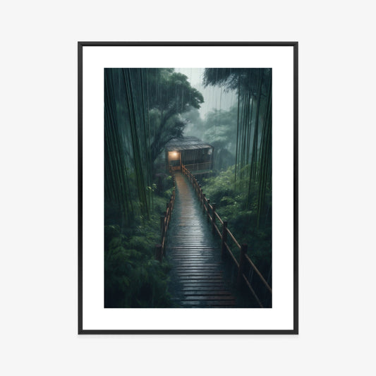 Poster Bambuswald Mit Bambushaus Rahmen Holz Mit Passepartout Farbe Natürlich