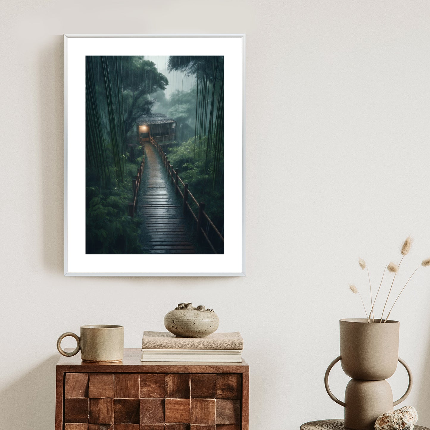 Poster Bambuswald Mit Bambushaus Rahmen Holz Mit Passepartout Farbe Natürlich