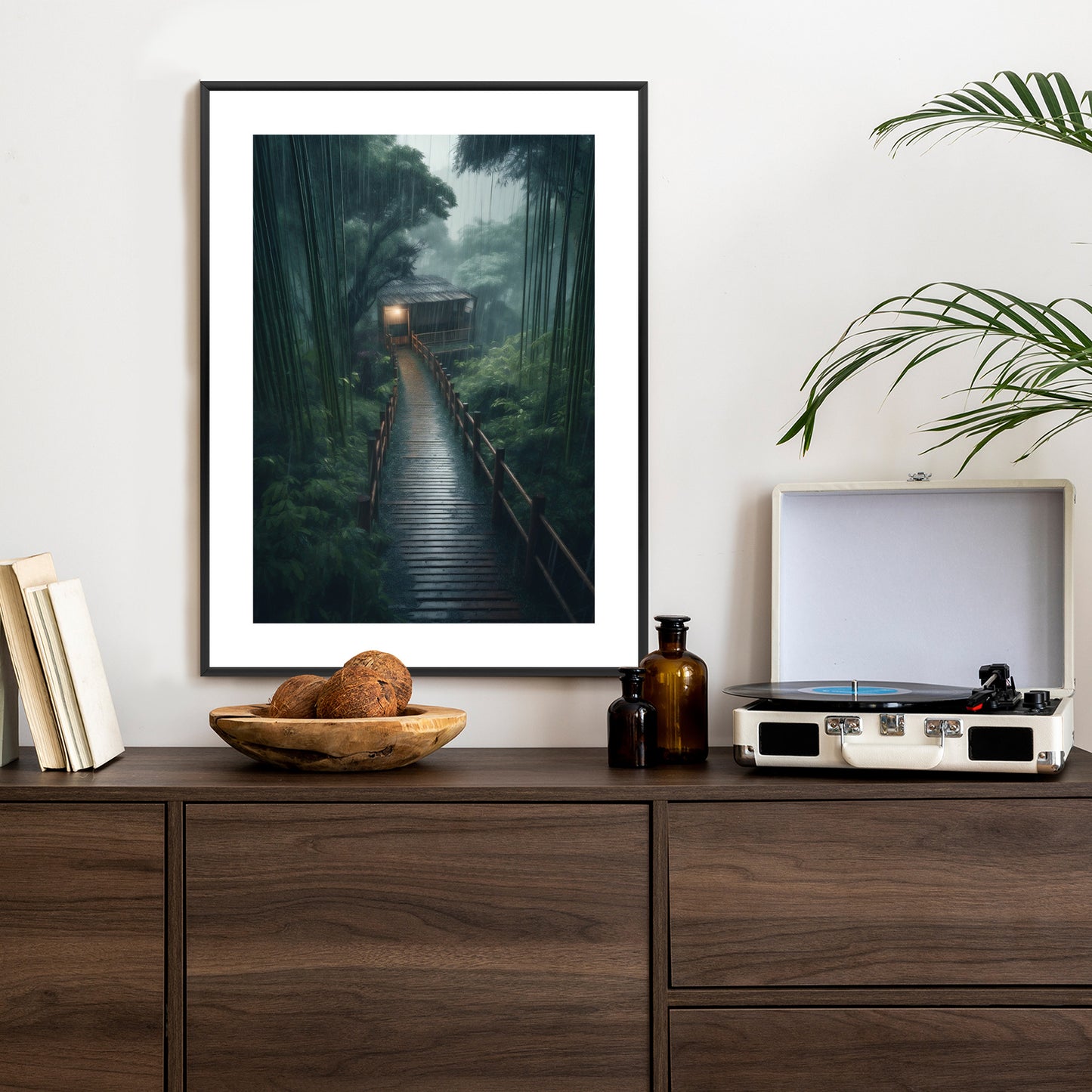 Poster Bambuswald Mit Bambushaus Rahmen Holz Mit Passepartout Farbe Natürlich
