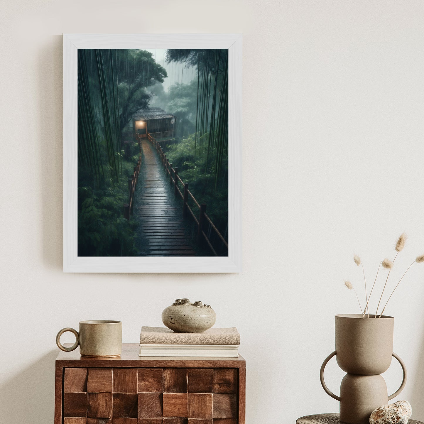 Poster Bambuswald Mit Bambushaus Rahmen Holz Mit Passepartout Farbe Natürlich