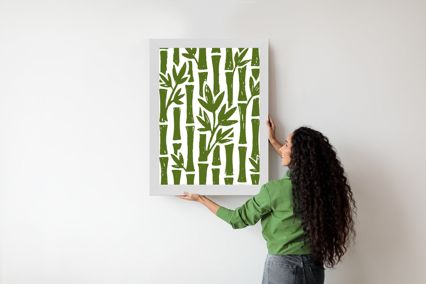 Poster Grüne Bambusbäume Mit Blättern Rahmen Holz Mit Passepartout Farbe Natürlich