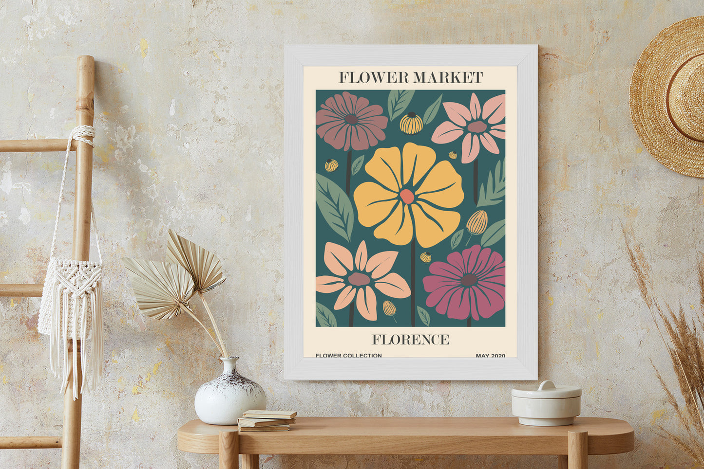 Poster Blumenmarkt In Florenz Rahmen Holz Mit Passepartout Farbe Natürlich