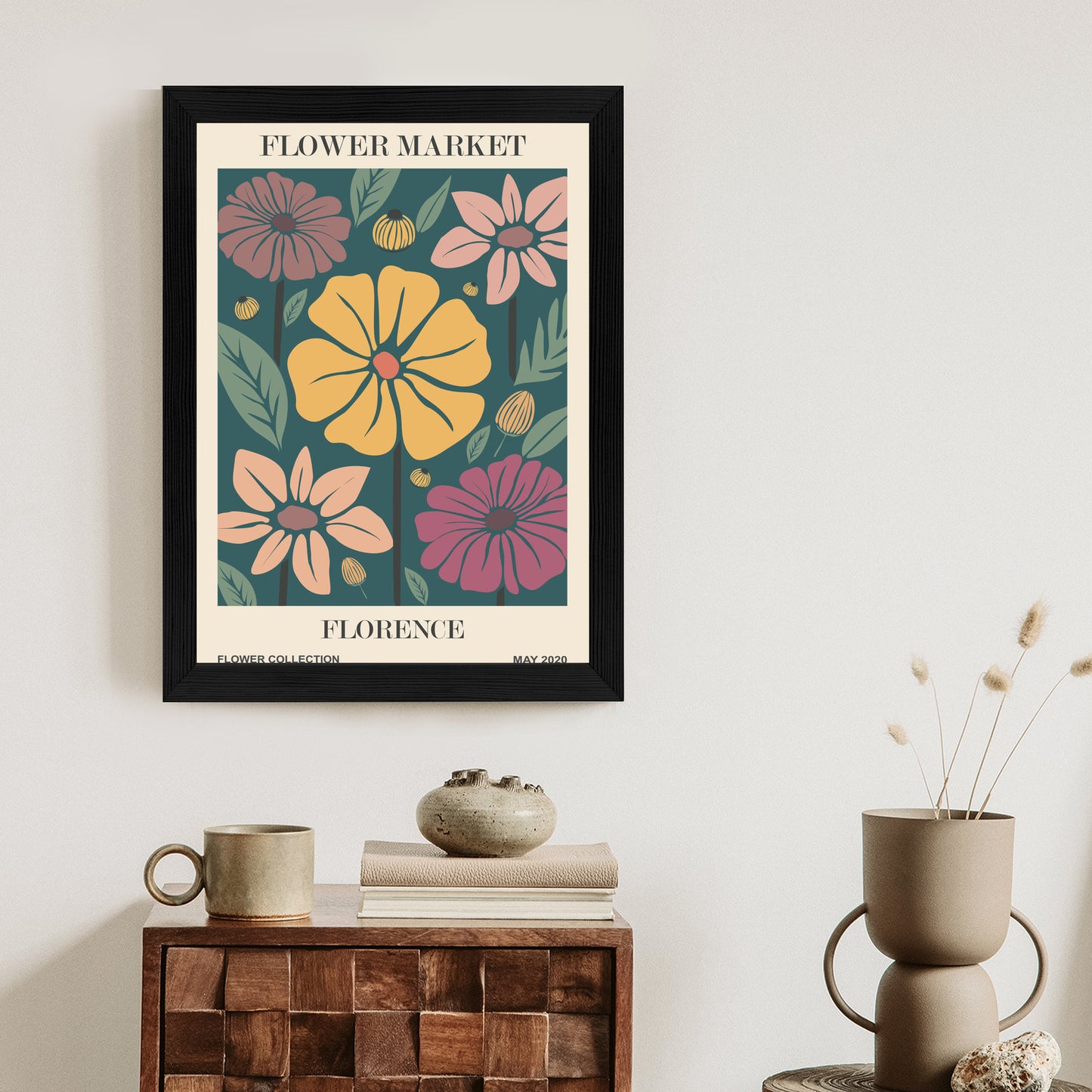 Poster Blumenmarkt In Florenz Rahmen Holz Mit Passepartout Farbe Natürlich