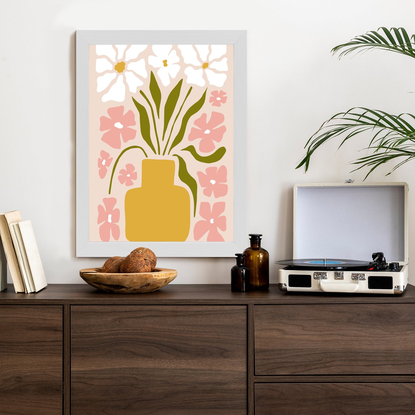 Poster Moderne Vase Mit Blumen Rahmen Holz Mit Passepartout Farbe Natürlich