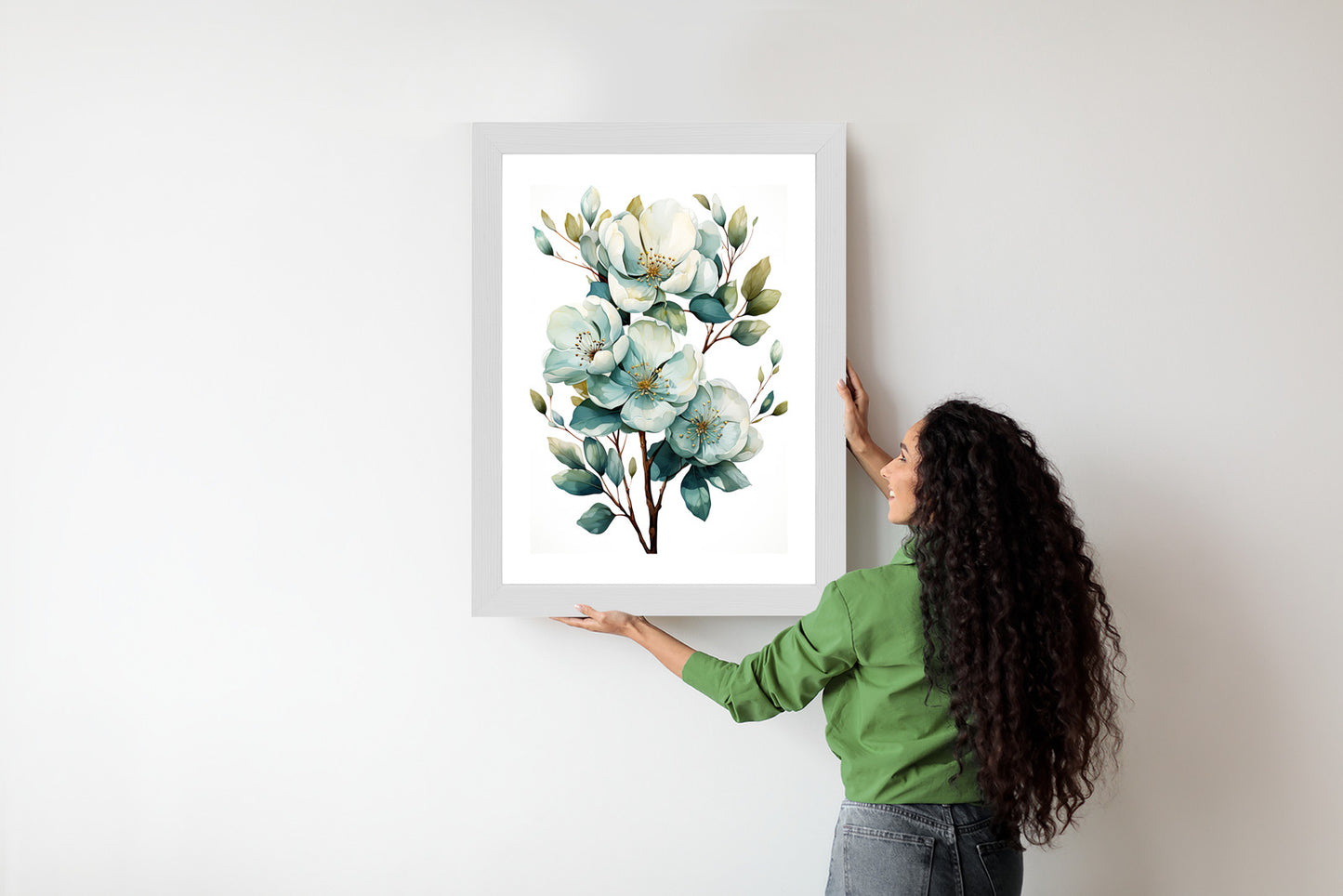 Poster Ein Strauß Weißer Blumen Rahmen Holz Mit Passepartout Farbe Natürlich