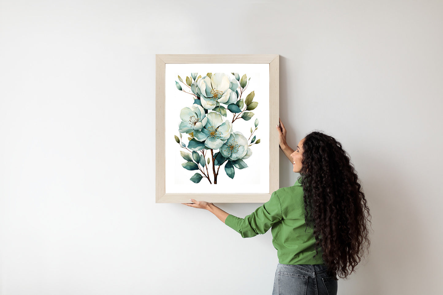 Poster Ein Strauß Weißer Blumen Rahmen Holz Mit Passepartout Farbe Natürlich