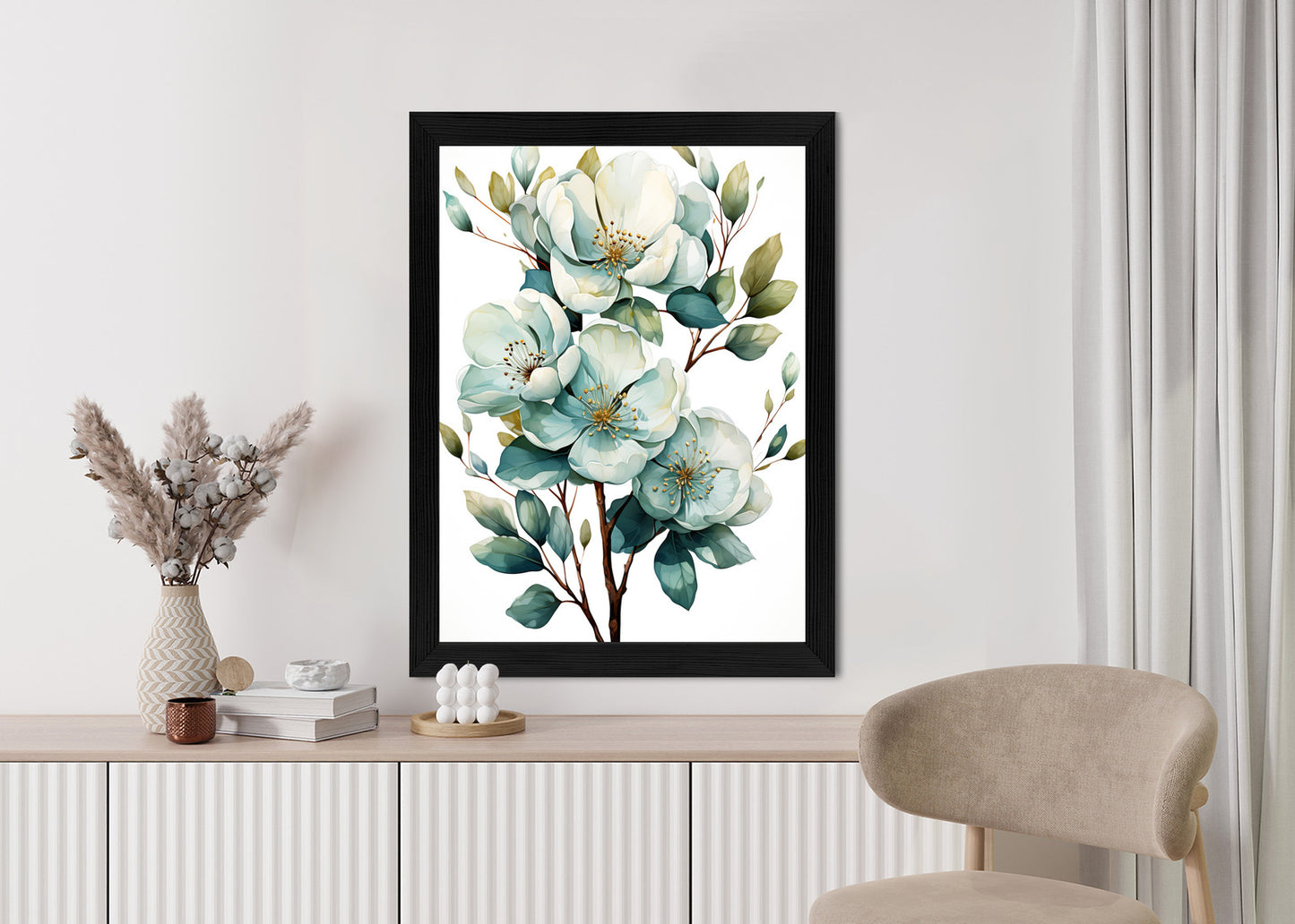 Poster Ein Strauß Weißer Blumen Rahmen Holz Mit Passepartout Farbe Natürlich