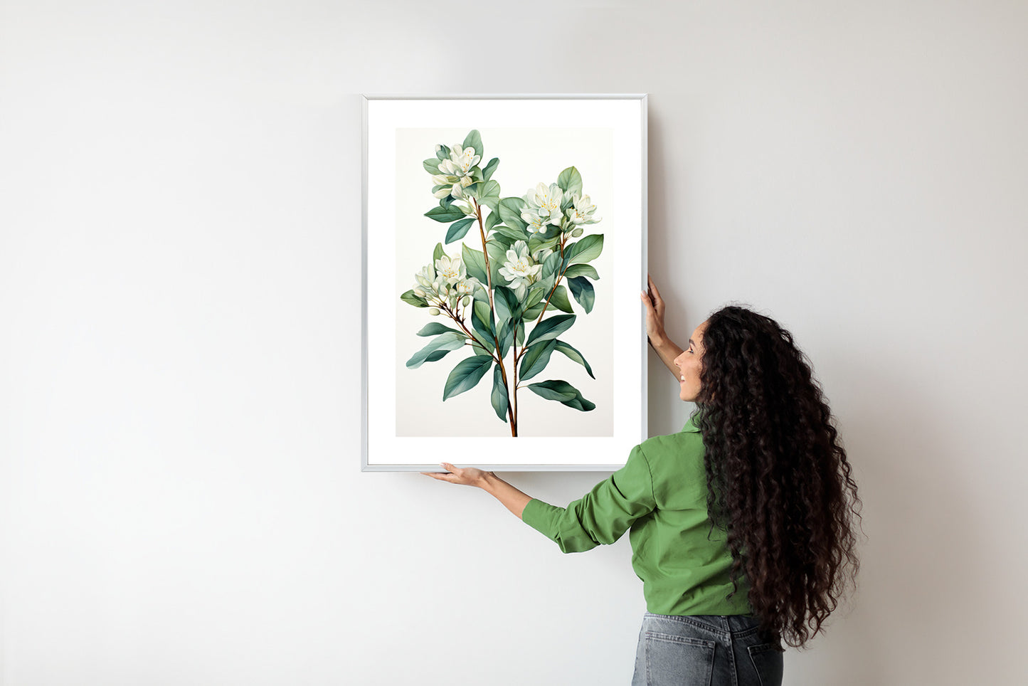 Poster Weiße Blüten Auf Einem Zweig Rahmen Holz Mit Passepartout Farbe Natürlich
