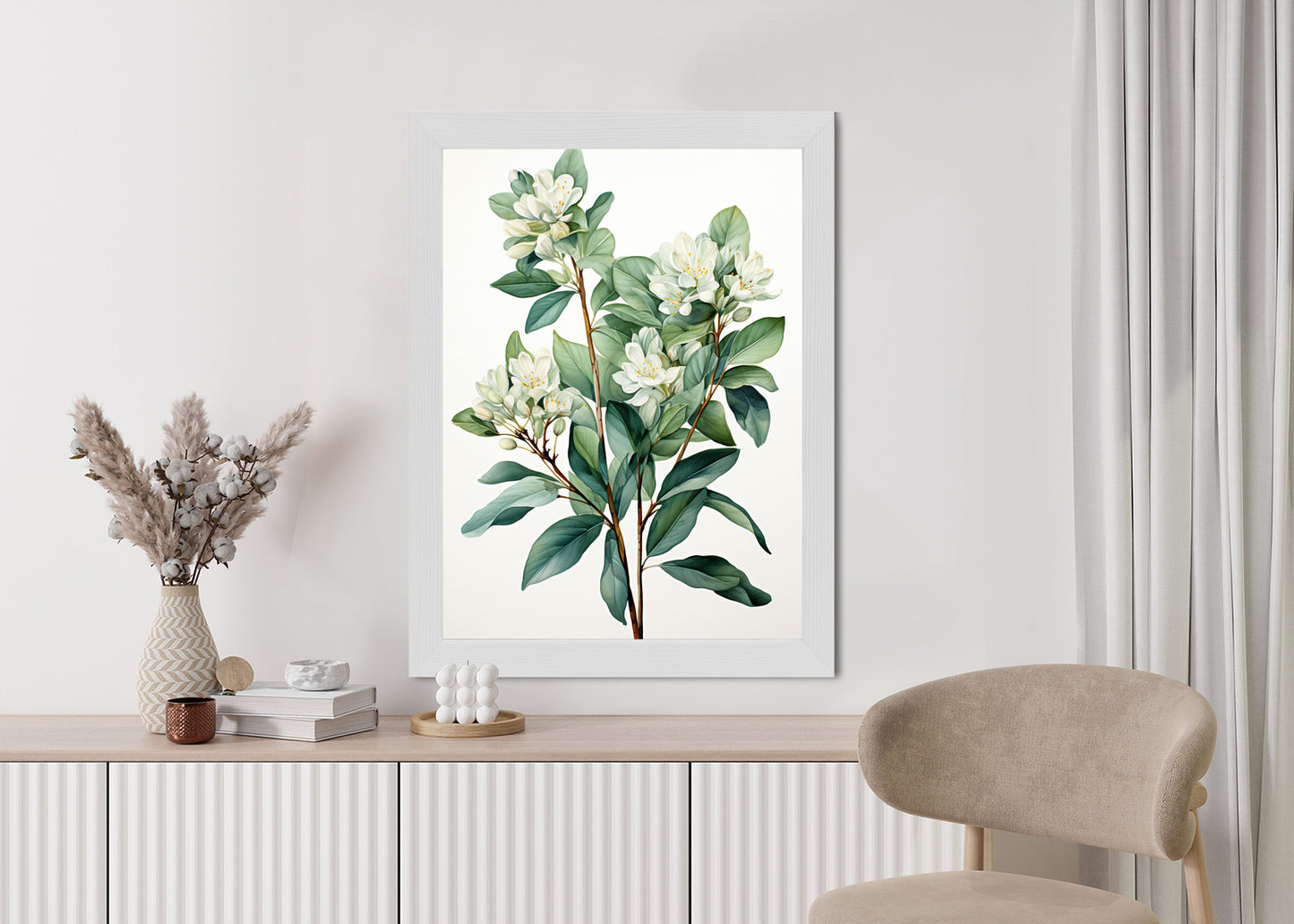 Poster Weiße Blüten Auf Einem Zweig Rahmen Holz Mit Passepartout Farbe Natürlich