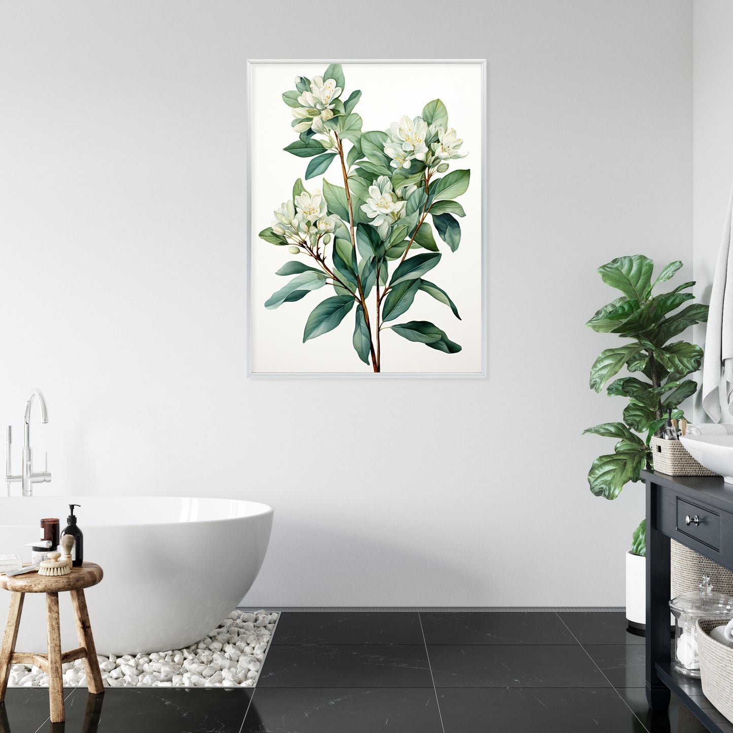 Poster Weiße Blüten Auf Einem Zweig Rahmen Holz Mit Passepartout Farbe Natürlich