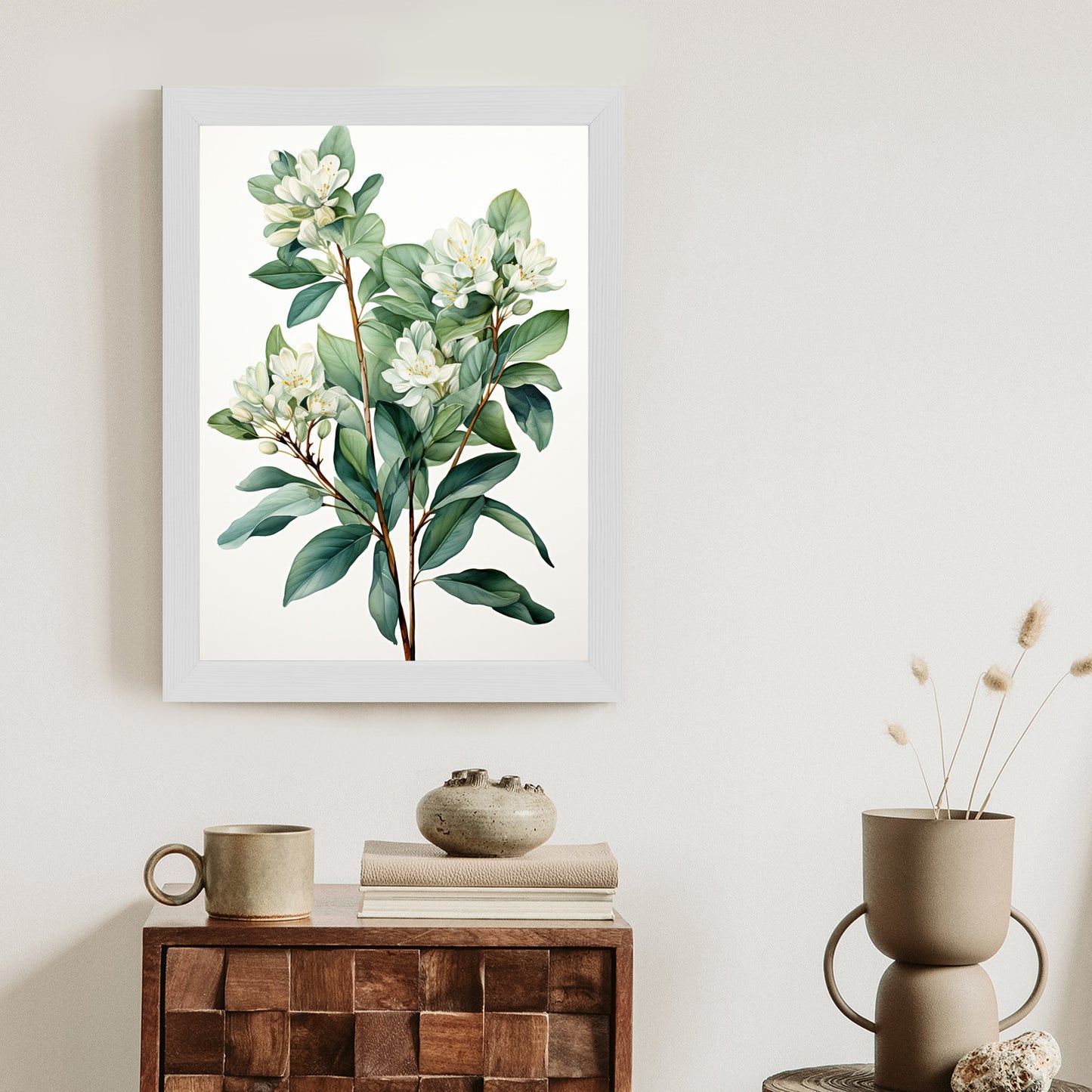 Poster Weiße Blüten Auf Einem Zweig Rahmen Holz Mit Passepartout Farbe Natürlich