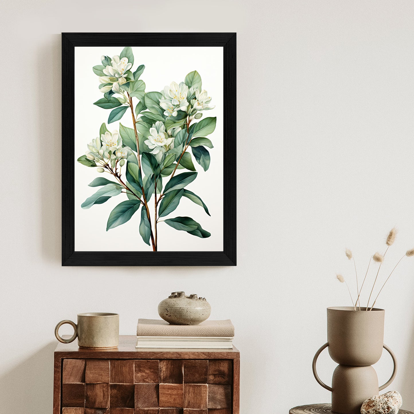 Poster Weiße Blüten Auf Einem Zweig Rahmen Holz Mit Passepartout Farbe Natürlich