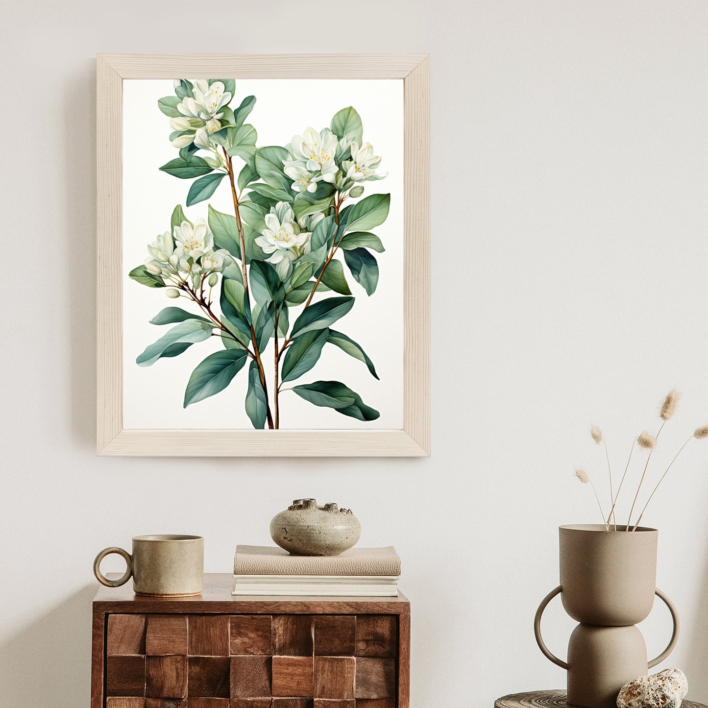 Poster Weiße Blüten Auf Einem Zweig Rahmen Holz Mit Passepartout Farbe Natürlich