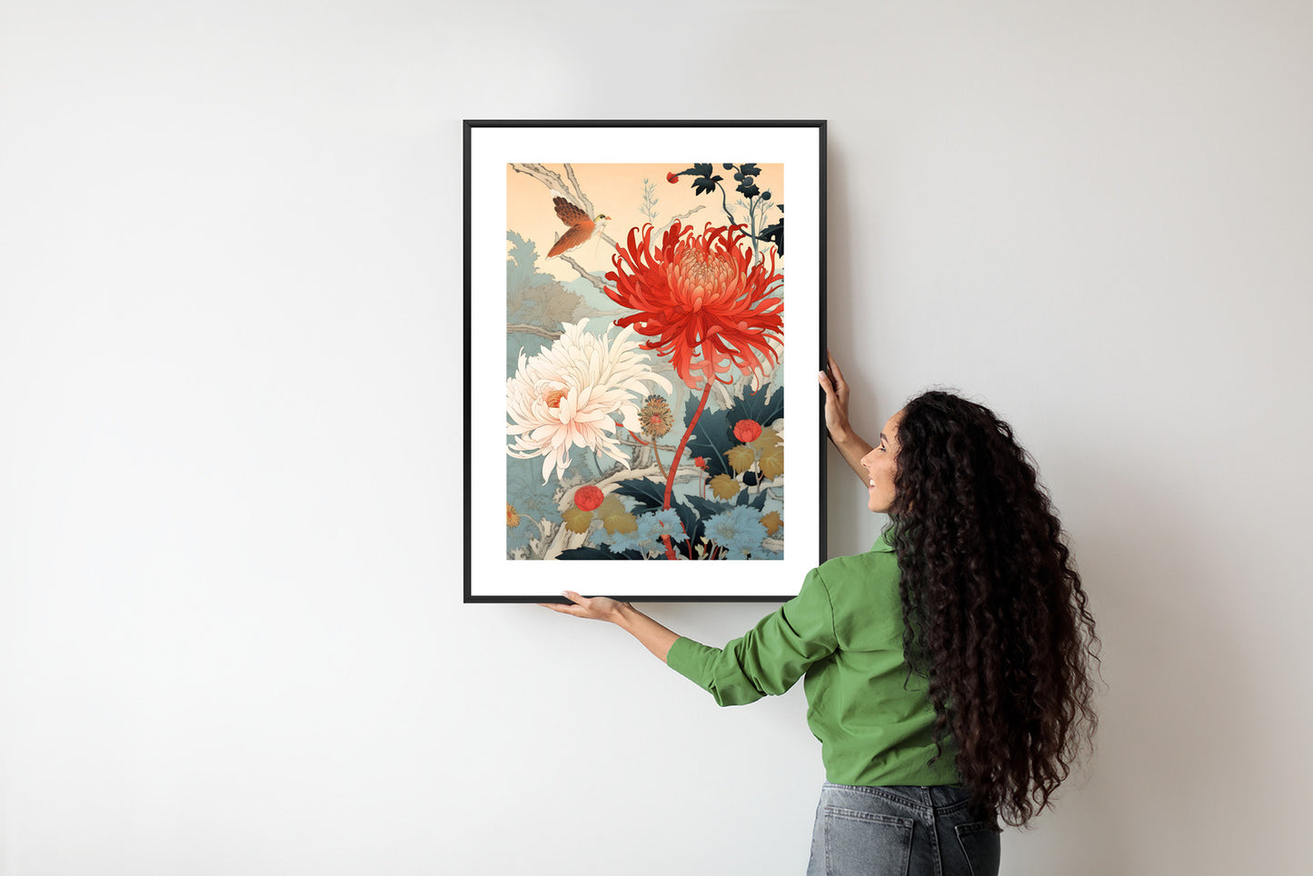 Poster Chrysanthemen Im Japanischen Stil Rahmen Holz Mit Passepartout Farbe Natürlich