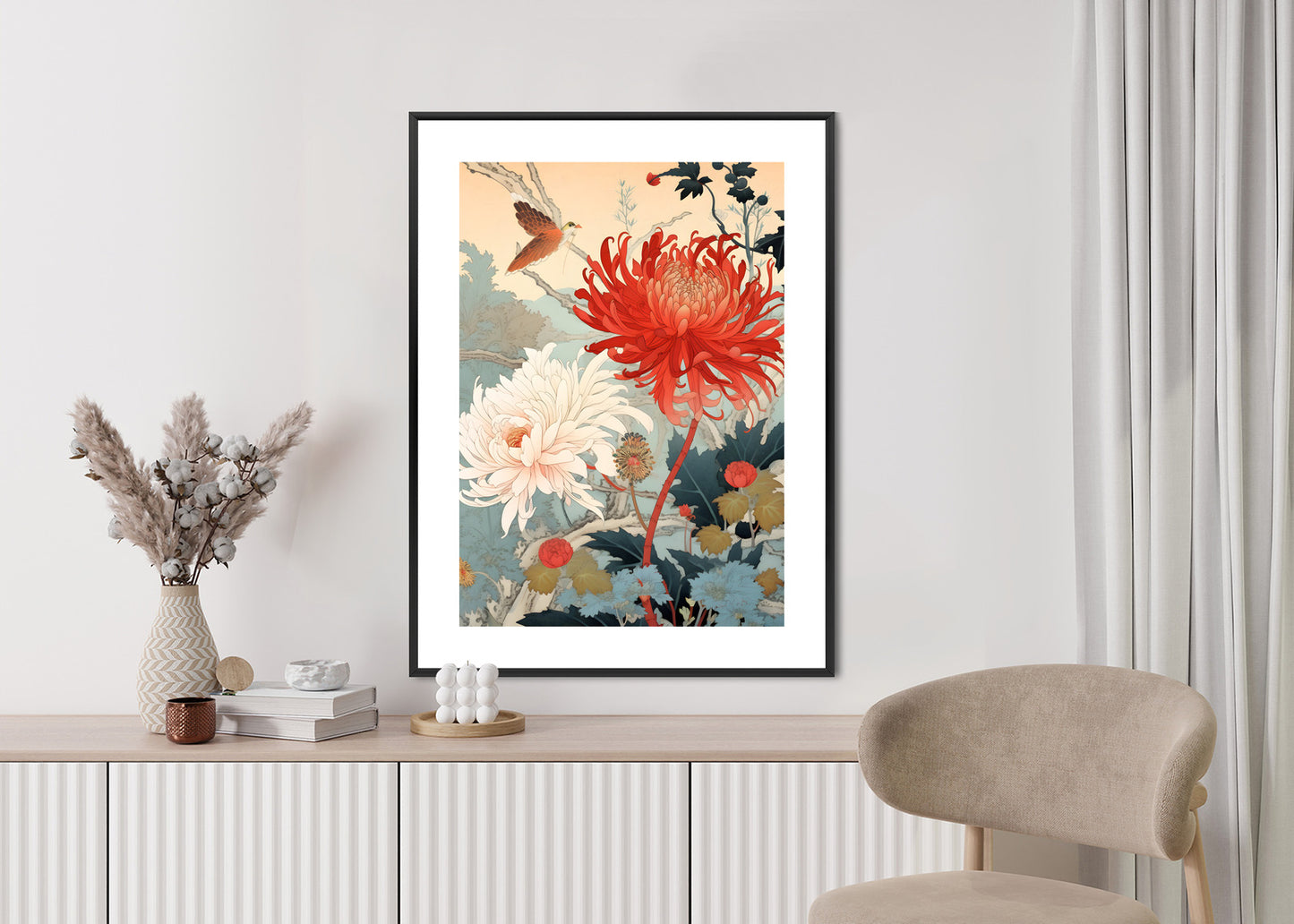 Poster Chrysanthemen Im Japanischen Stil Rahmen Holz Mit Passepartout Farbe Natürlich
