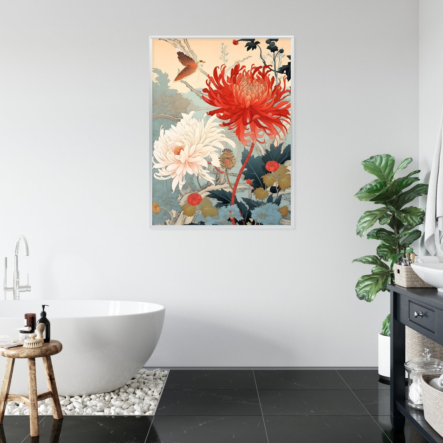 Poster Chrysanthemen Im Japanischen Stil Rahmen Holz Mit Passepartout Farbe Natürlich