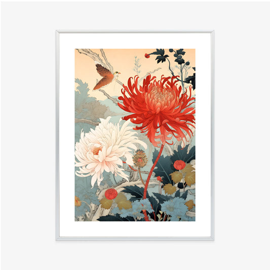 Poster Chrysanthemen Im Japanischen Stil Rahmen Holz Mit Passepartout Farbe Natürlich