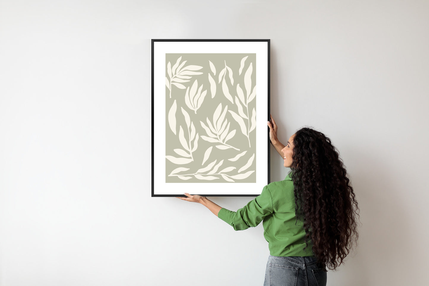 Poster Botanische Grafiken Mit Beigen Blättern Rahmen Holz Mit Passepartout Farbe Natürlich