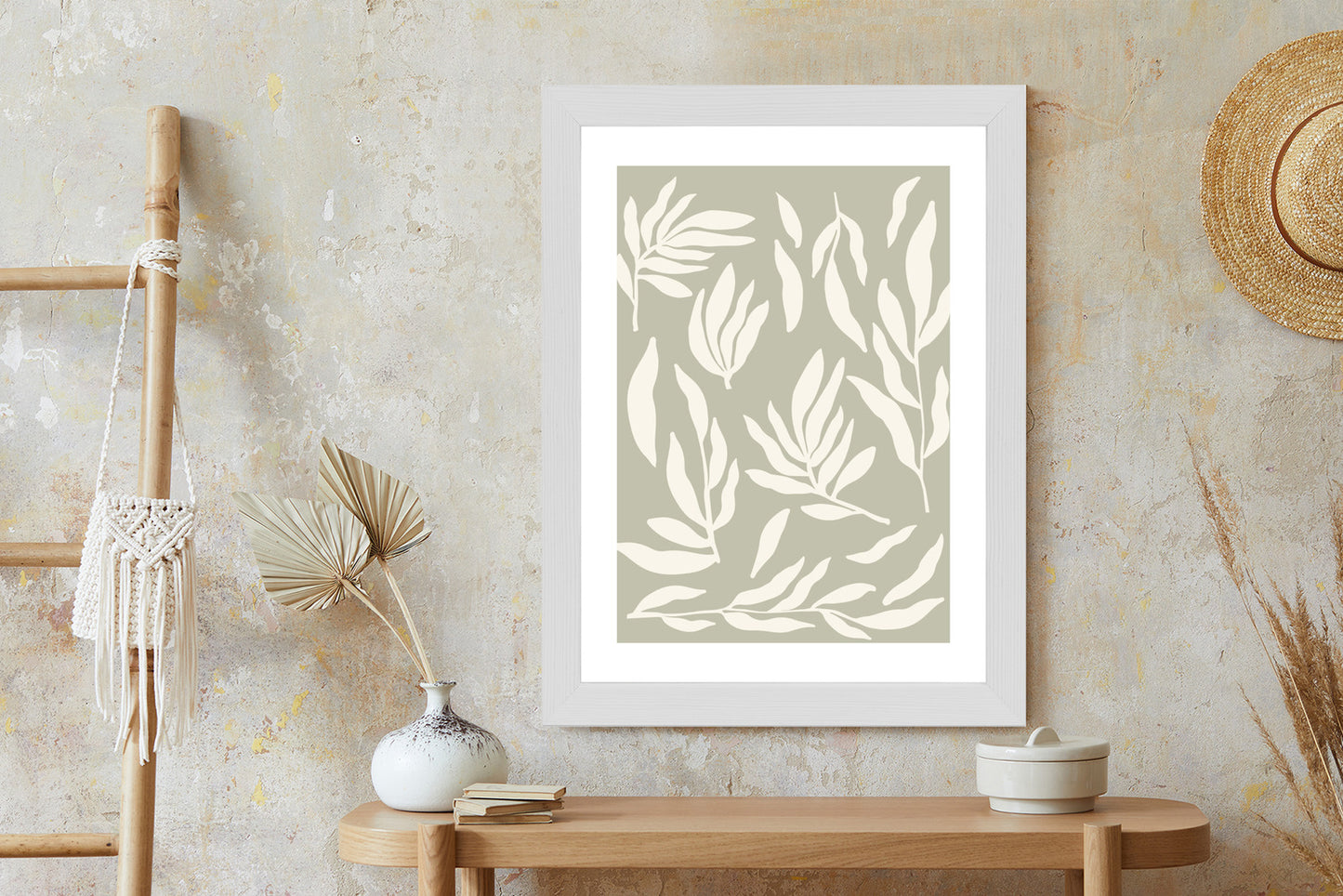 Poster Botanische Grafiken Mit Beigen Blättern Rahmen Holz Mit Passepartout Farbe Natürlich