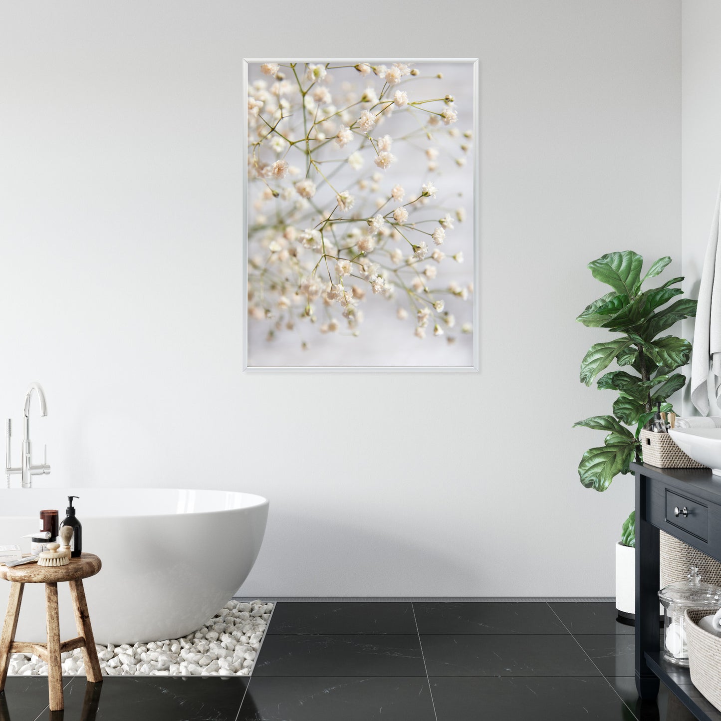 Poster Weiße Kleine Blüten An Dünnen Zweigen Rahmen Hölzern Farbe Schwarz