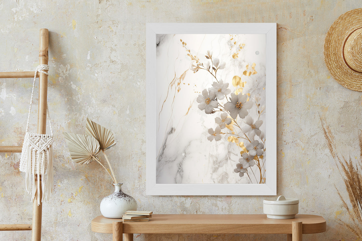 Poster Weiße Und Goldene Blumen Auf Marmor