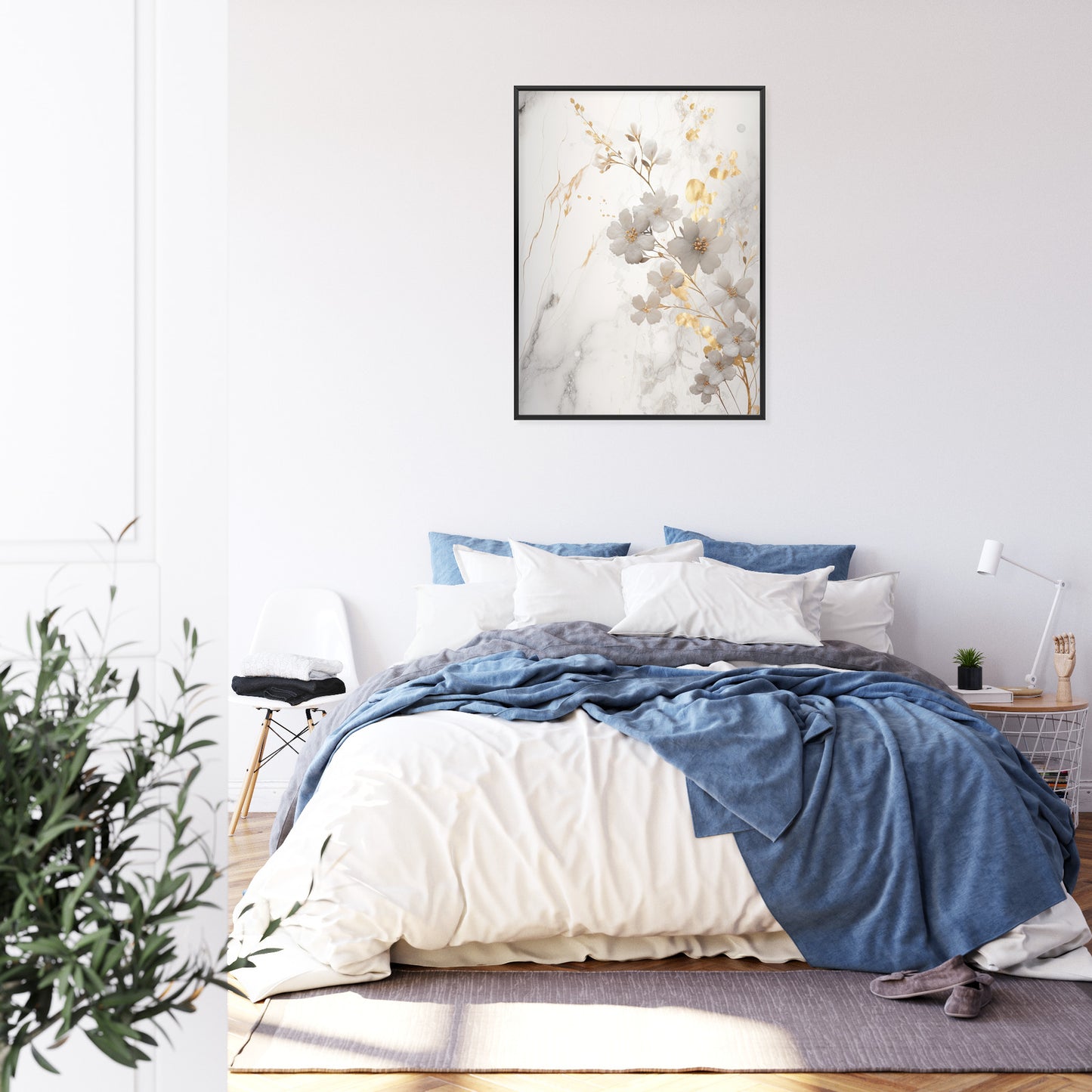 Poster Weiße Und Goldene Blumen Auf Marmor