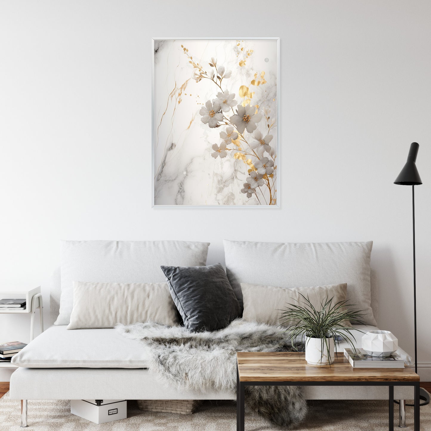 Poster Weiße Und Goldene Blumen Auf Marmor