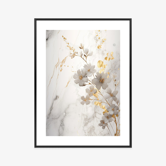 Poster Weiße Und Goldene Blumen Auf Marmor